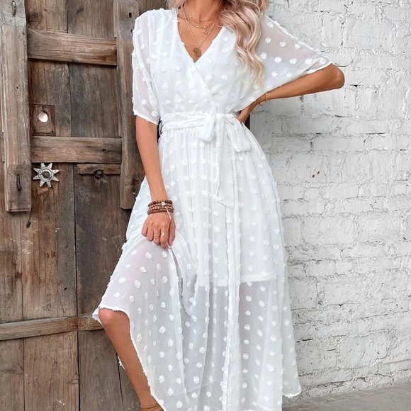 White Preppy Womens Swiss Dot Wrap Detail Dolman Sleeve Belted Dress - Picture 5 of 5